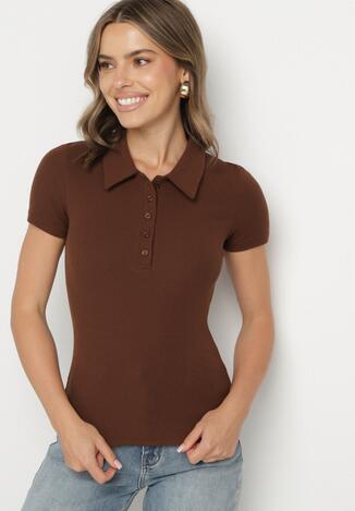 Brązowy Bawełniany T-shirt Prążkowany Typu Polo z Guzikami Avelavia