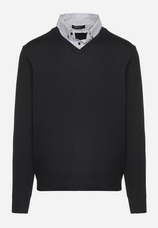 Granatowy Sweter z Wełną i Koszulowym Kołnierzykiem Espirra