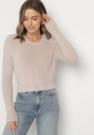 Beżowy Krótki Sweter Puchaty Dindra