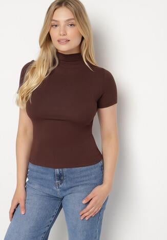 Brązowy Dopasowany T-shirt z Wiskozy z Golfem Isovera