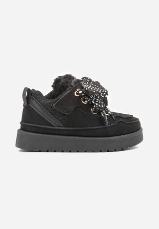 Czarne Śniegowce Sneakersy z Ozdobnym Sznurowaniem Ocieplane Futerkiem Nalinia