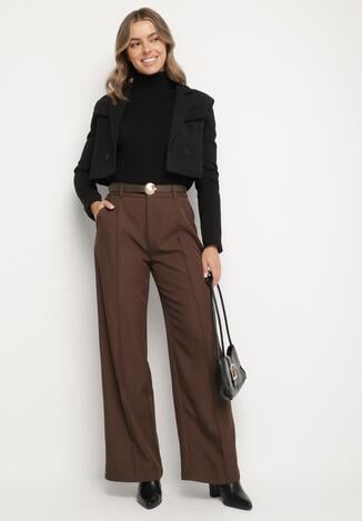 Brązowe Garniturowe Spodnie o Szerokim Kroju z Paskiem ze Sprzączką Muszelką Saliavia