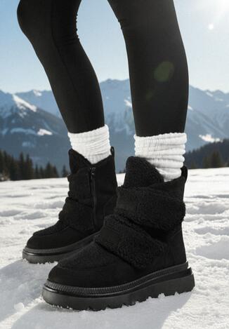 Czarne Botki Śniegowce na Grubej Podeszwie Ozdobione Szerokimi Rzepami Amerria