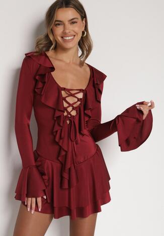 Bordowa Taliowana Sukienka Zdobiona Falbankami Tiraneda