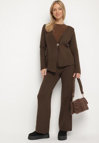 Brązowy Komplet Dzianinowy z Wiskozą Asymetryczny Kardigan i Spodnie Unallea