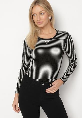 Czarna Bluzka Typu Longsleeve w Paski Ozdobiona Cyrkoniami Ralinella