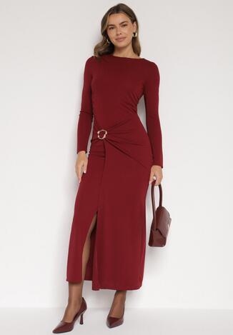 Bordowa Sukienka Koktajlowa z Aplikacją z Marszczeniem na Biodrach Rariana