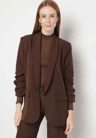 Brązowa Niezapinana Marynarka Pudełkowa z Wiskozą z Marszczonymi Rękawami Feniravia