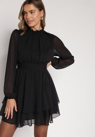 Czarna Rozkloszowana Sukienka Siateczkowa z Bufiastymi Rękawami Isovana