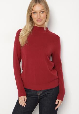 Bordowy Gładki Sweter z Półgolfem w Stylu Casual Unallia