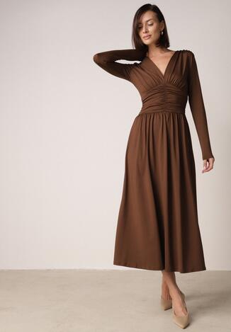 Brązowa Marszczona Sukienka Taliowana z Wiskozą z Dekoltem V i Długim Rękawem Emirie