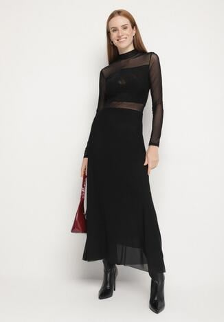 Czarna Siateczkowa Sukienka Rozkloszowana Longsleeve z Domieszką Wiskozy Eprela