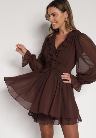 Ciemnobrązowa Rozkloszowana Sukienka z Falbankami i Siateczkowymi Rękawami Zennisa