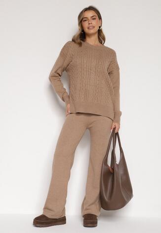 Ciemnobeżowy Komplet Dzianinowy z Bawełną i Wełną Spodnie i Warkoczowy Sweter Errela