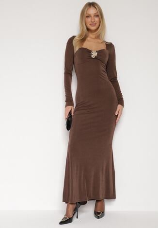 Brązowa Sukienka Koktajlowa z Biżuteryjną Aplikacją i Długim Rękawem Idivianne