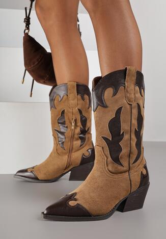 Brązowe Kozaki Typu Kowbojki na Stożkowym Obcasie Ozdobione Tłoczeniem Astille