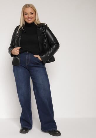 Granatowe Ocieplane Jeansy o Szerokim Kroju z Bawełną i Wysokim Stanem Mevidia