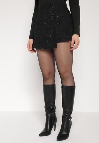 Czarne Spódnico-Szorty z Wełną i Cekinami Fedara