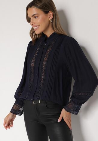 Granatowa Koszula ze Stójką i Koronką Argochis