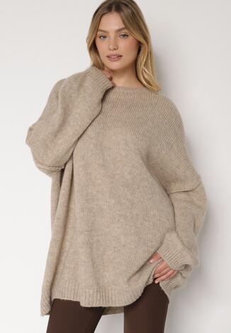 Beżowy Sweter z Wiskozą i Wełną o Kroju Nietoperza Fedella