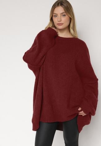 Bordowy Sweter z Wiskozą i Wełną o Kroju Nietoperza Fedella