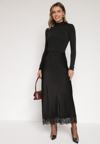 Czarna Satynowa Spódnica z Wiskozy Ozdobiona Koronką Fedare