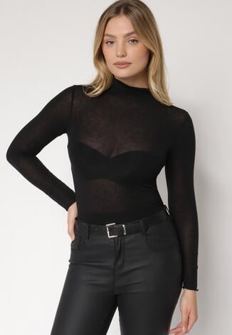 Czarna Bluzka z Golfem Typu Longsleeve z Wiskozy z Kaszmirem Fedine