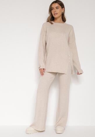 Jasnobeżowy Komplet z Bawełną i Wełną Sweter z Guzikami i Proste Spodnie Reisadia