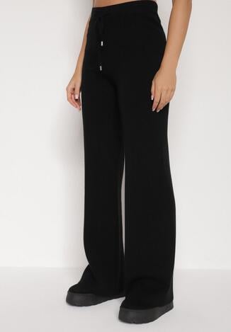 Czarne Spodnie Szerokie Spodnie z Wysokim Stanem z Domieszką Kaszmiru Nefrina