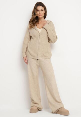 Beżowy Komplet z Wełną i Bawełną Szerokie Spodnie i Rozpinana Bluzka z Kapturem Reikania