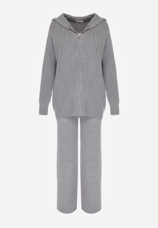 Ciemnoszary Dzianinowy Komplet z Wełną Bluza na Suwak z Kapturem i Spodnie Sewnira