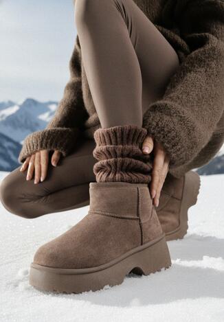 Brązowe Wsuwane Śniegowce z Imitacji Zamszu na Grubej Podeszwie Zenore