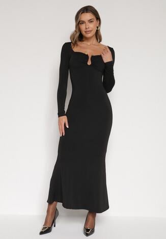 Czarna Koktajlowa Sukienka z Wiskozą i Metaliczną Ozdobą Refare