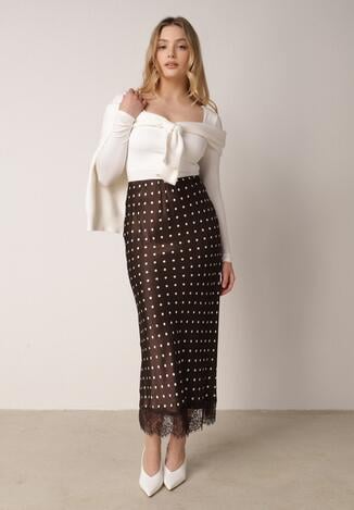 Brązowa Wiskozowa Spódnica z Wysokim Stanem w Kropki z Koronką Monivesa