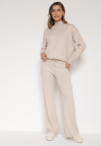 Jasnobeżowy Klasyczny Dzianinowy Komplet z Wiskozą Szerokie Spodnie i Sweter Półgolf Reillena