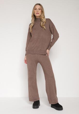 Ciemnobeżowy Dzianinowy Komplet z Bawełną i Wełną Szerokie Spodnie i Sweter Golf Valefessa