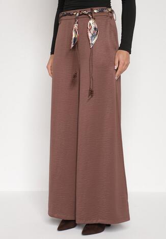 Brązowe Spodnie o Szerokim Kroju Ozdobione Paskiem Tusrina