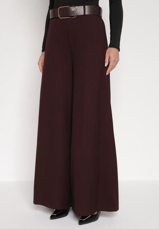 Bordowe Bawełniane Szerokie Spodnie Garniturowe z Wysokim Stanem i Paskiem Tusamia