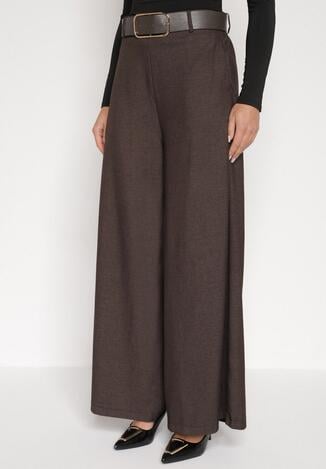 Brązowe Bawełniane Szerokie Spodnie Garniturowe z Wysokim Stanem i Paskiem Tusamia