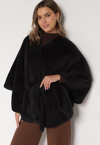 Czarne Ponczo z Futerkiem i Wiązanym Paskiem Monalena