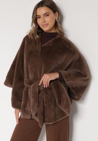Brązowe Ponczo z Futerkiem i Wiązanym Paskiem Monalena