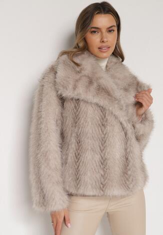 Beżowa Futrzana Kurtka z Cieniowanym Wzorem Monizavia