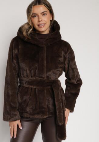 Brązowa Kurtka Futerko z Kapturem i Wiązanym Paskiem Zetara