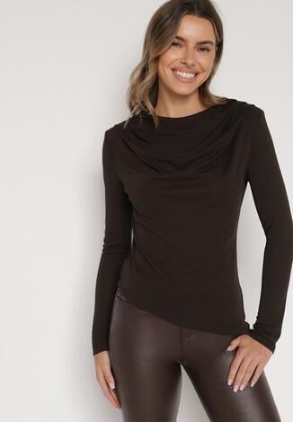 Brązowa Asymetryczna Bluzka z Długim Rękawem i Usztywnionymi Ramionami Tusallea
