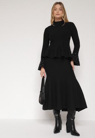 Czarny Dzianinowy Komplet z Wiskozą Spódnica i Sweter z Baskinką i Cyrkoniami Neora