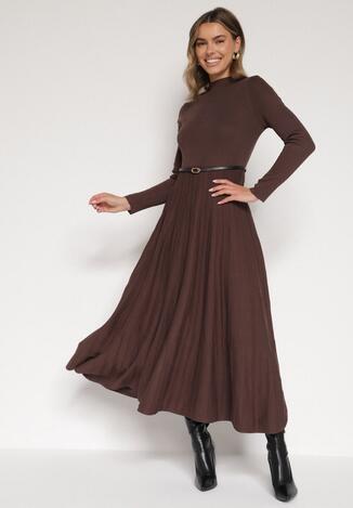 Brązowa Rozkloszowana Sukienka z Dzianiny z Wiskozą z Długim Rękawem i Paskiem Tusmina