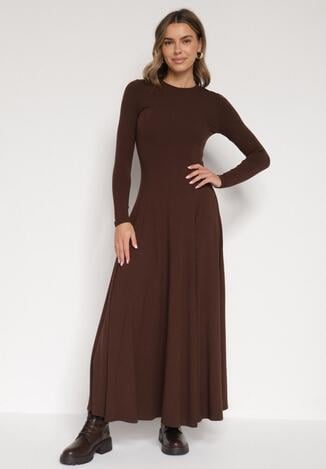 Brązowa Bawełniana Sukienka o Rozkloszowanym Kroju Tuselenea