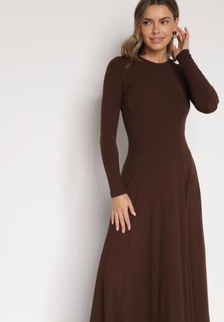 Brązowa Bawełniana Sukienka o Rozkloszowanym Kroju Tuselenea