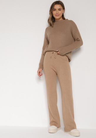 Beżowe Prążkowane Spodnie z Wełną o Szerokim Kroju z Wysokim Stanem Reinnia