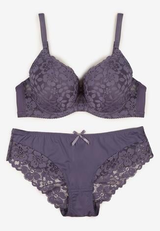 Fioletowy Klasyczny Komplet Biustonosz i Majtki Figi z Koronką Ezilene